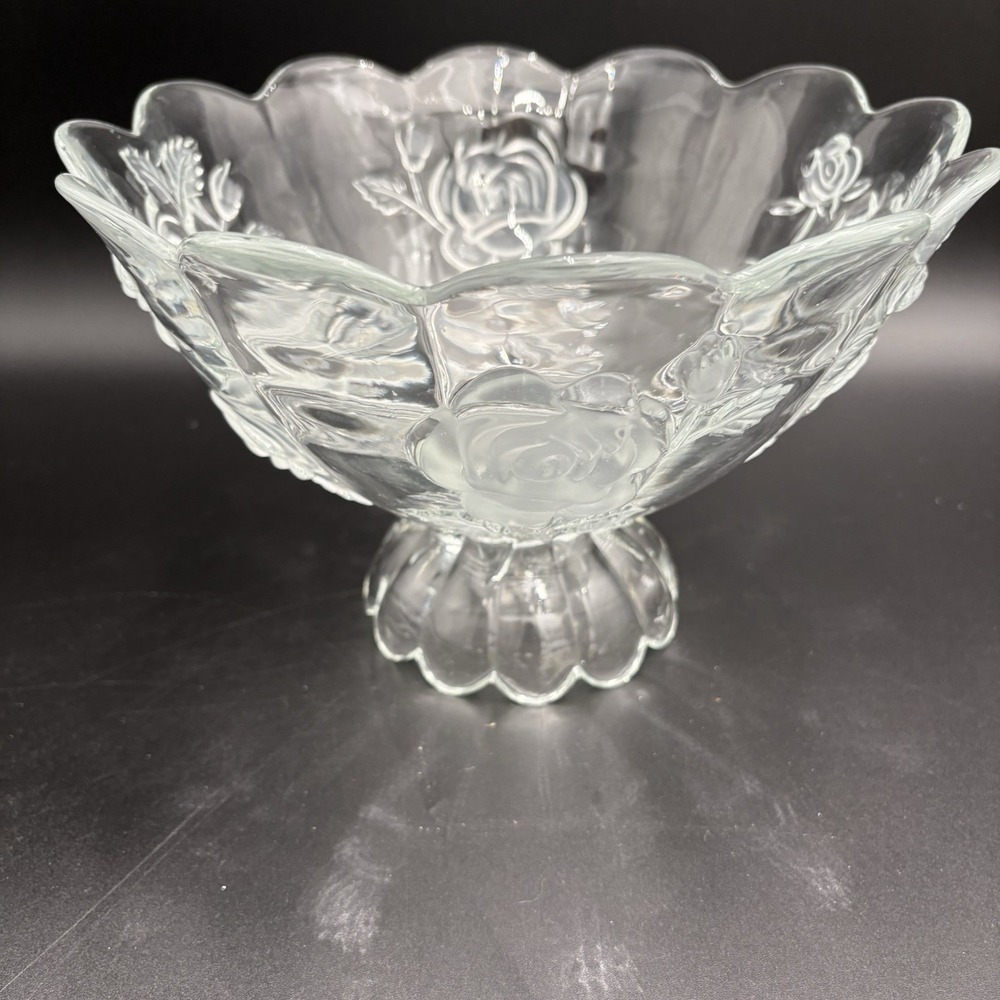 Vtg Imperlux Crystal Compote Centerpiece Bowl Clear Frosted Roses 1950s Bohemian
